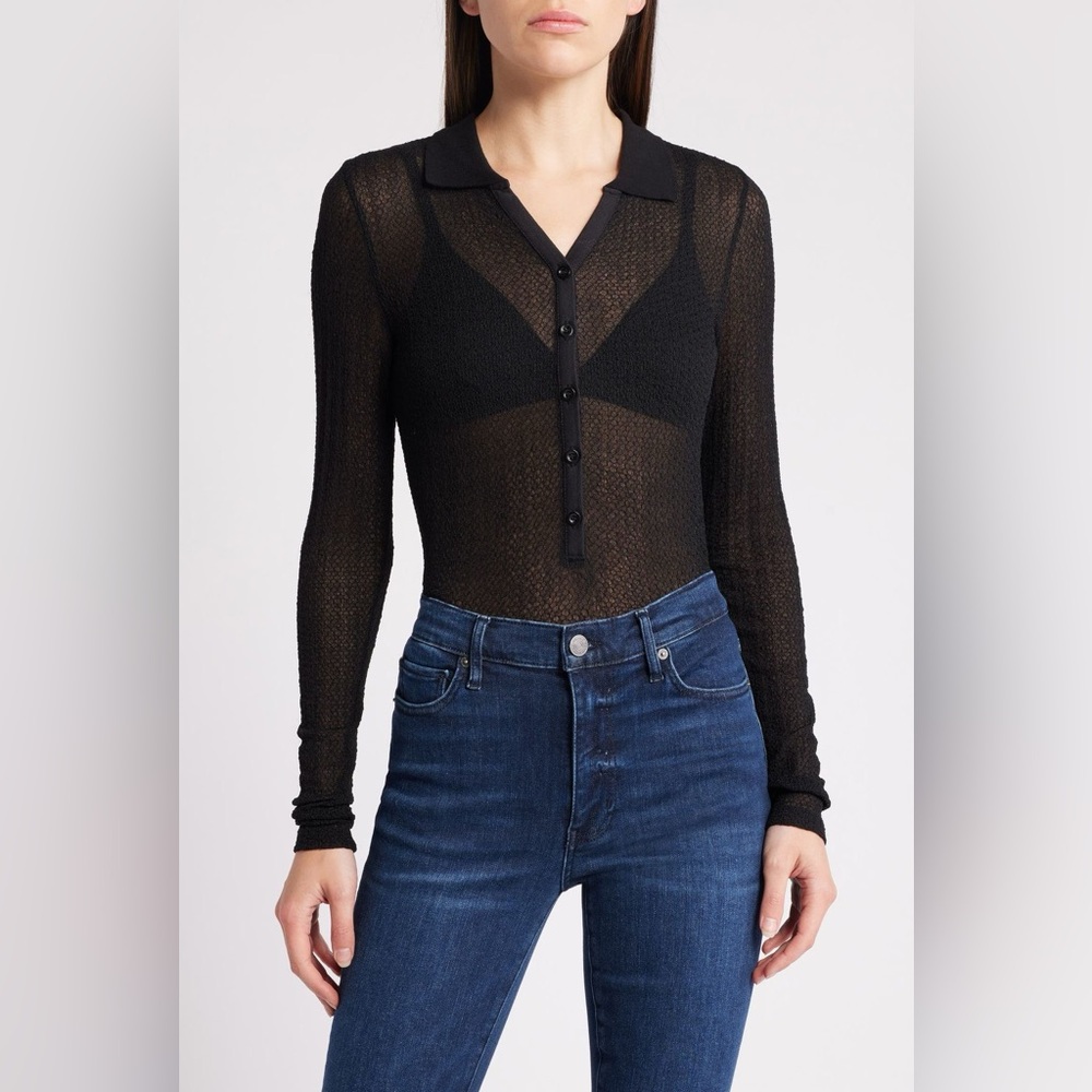 FRAME Mesh Lace Long Sleeve Polo Shirt Black Size XS
